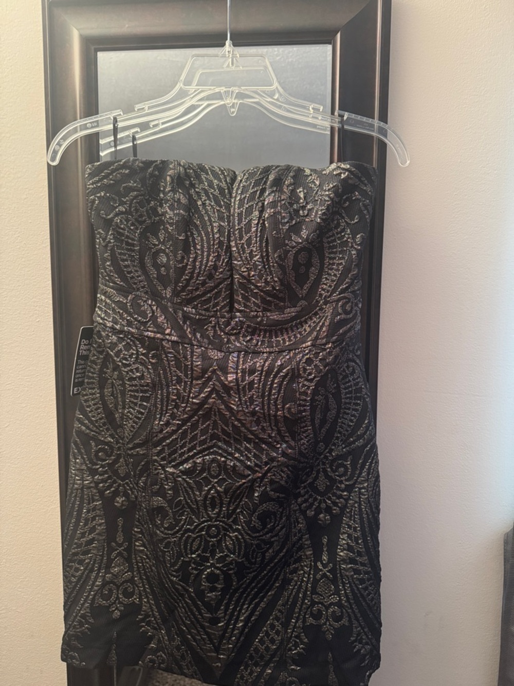 Express Strapless Black with Silver Metallic Pattern Cocktail Dress